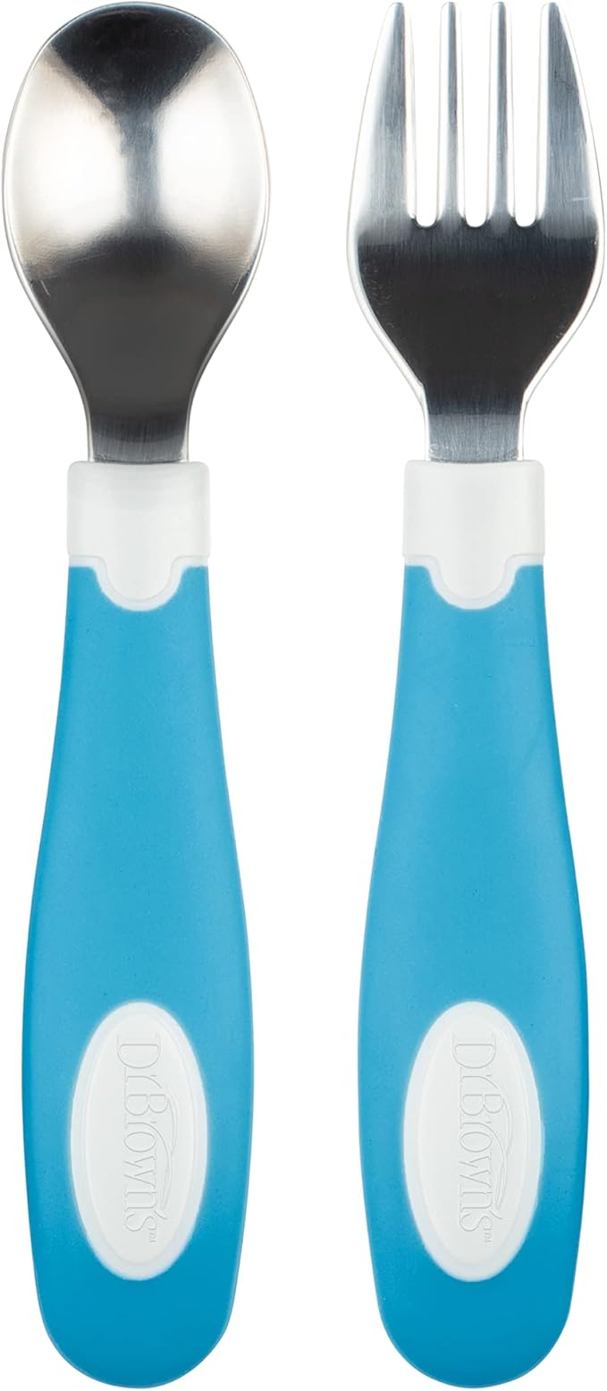 Dr. Brown's Designed to Nourish Soft-Grip Spoon and Fork Set,Blue & White