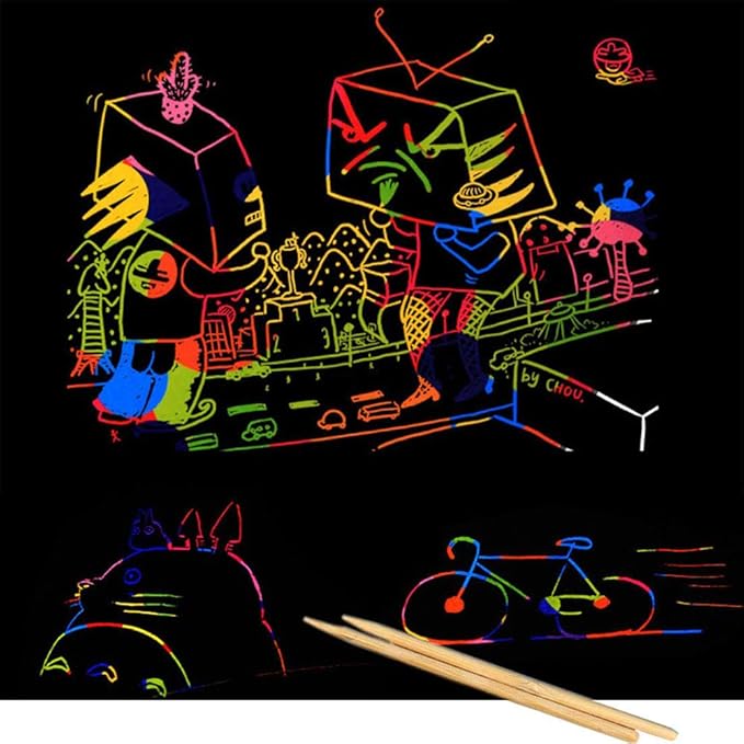Rainbow Scratch Mini Art Notes 300 Sheets Scratch Off Paper Cards with 6 Wooden Stylus for Kids Arts Craft Kits for Girls Boys Games Party Favors Birthday Halloween (SP300)