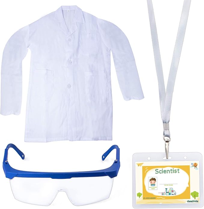 Beelittle Kids Scientist Lab Coat Costume Dress Up with Goggles ID Card Science Experiment Set for Age 3-10