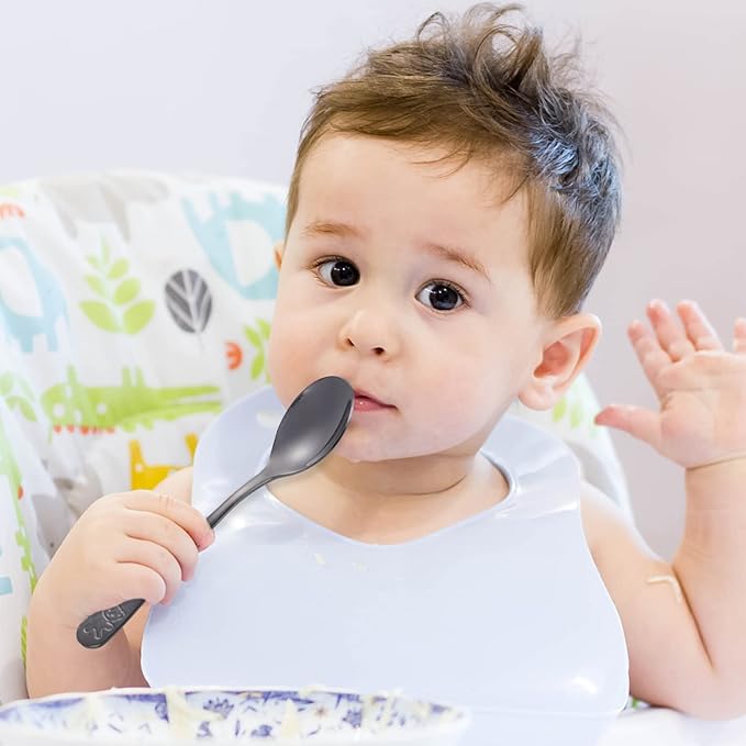 Pimoys 6 Pieces Kids Silverware Stainless Steel Toddler and Child Utensils, Childrens Safe Forks and Spoons Metal Cutlery Set, Engraved Bear, Black