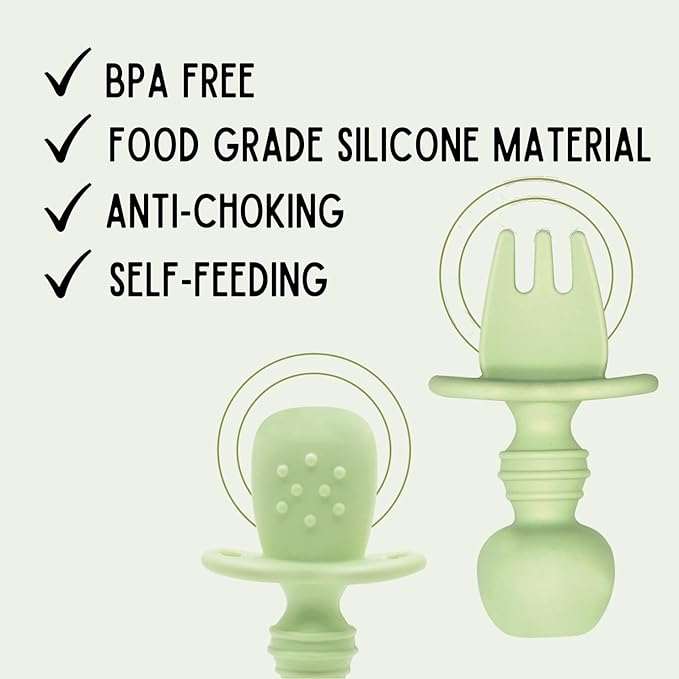 Silicone Baby Spoon and Fork Set with Custom Travel Case, Self Feeding, BPA Free, Anti-Choke (Sage green)