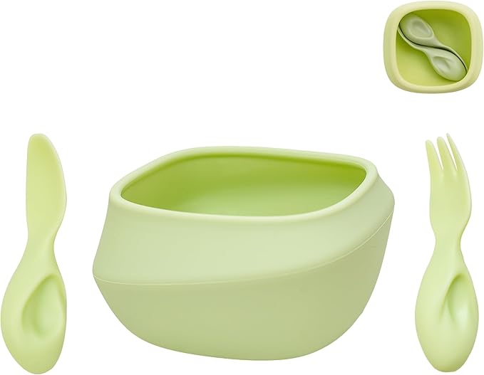 Toddler Utensils Set Ergonomic Fork and Spoon and Bowl Set Non-Slip Design for baby 12+ Month Self-Feeding Olds BPA Free Silicone Microwave and Dishwasher Safe Fine Motor Skills (Green)