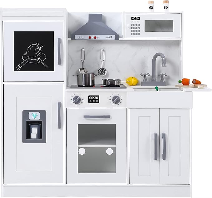 Kids Kitchen Playset, Wooden Chef Pretend Play Set with 20 PCS Cookware Accessories, Wooden Cookware Pretend with Ice Maker, Microwave, Oven, Range Hood, Sink, Real Lights & Sounds，White