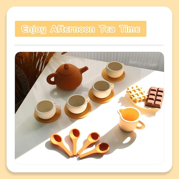 Silicone Tea Party Set, Silicone Tea Set for Kids with Play Food(Chocolate and Waffles), Pretend Play Kitchen Accessories(Brown)