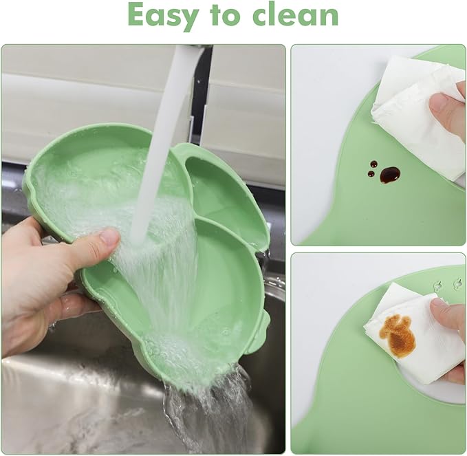 Silicone Baby Feeding Set 15 Pcs，Baby Spoons Suction Bowl Divided Plate Bib Cup Finger Brush Teething Teether，Baby Led Weaning Supplies,Baby & Toddler Silicone Plates and Bowls Dining Set（green）