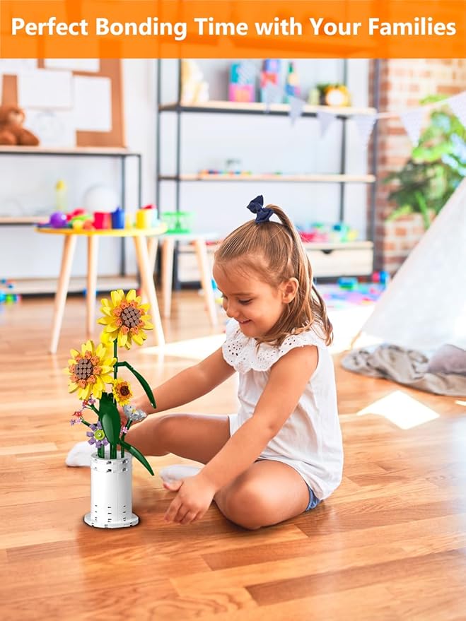 Sunflower Building Block Set, Flower Bouquet with Vase Building Toys, Party Gift Favor for Adults Teens Kids Girls Boys
