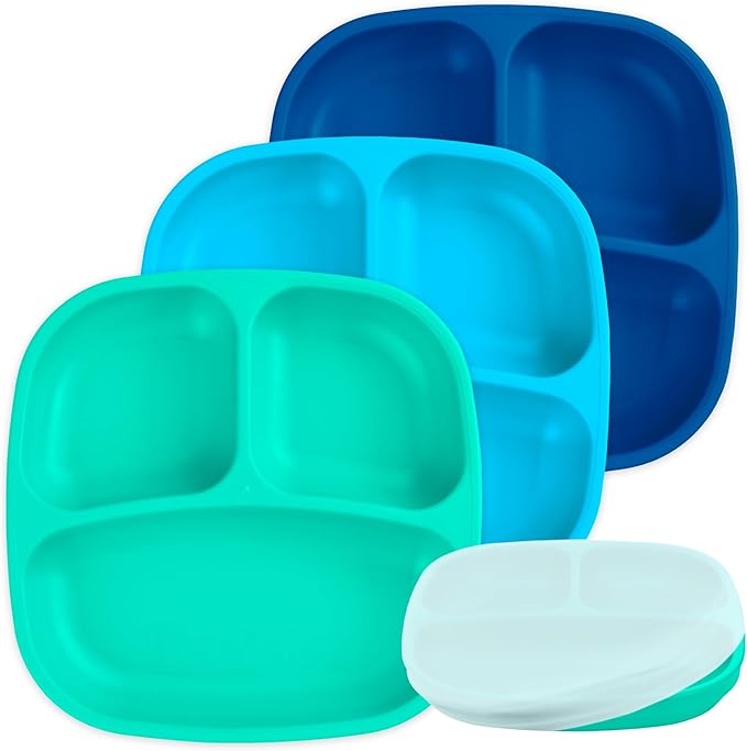 Re-Play Made in USA 7" Deep Walled Divided Plates for Kids, Set of 3 With Lid - Reusable 3 Compartment Plates, Dishwasher and Microwave Safe - 7.37" x 7.37" x 1.25", A True Blue