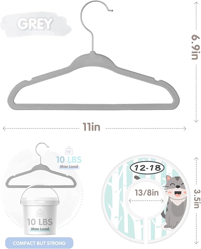 Baby Hangers, VIS'V 11 Inch Gray Velvet Kids Hangers with 6 Pcs Size Dividers Non Slip Nursery Children Closet Clothes Hangers for Infant Toddler Girls and Boys 30 Pcs
