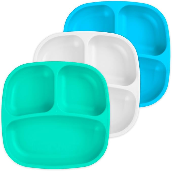 Re-Play Made in USA 7" Deep Walled Divided Plates for Kids, Set of 3 - Reusable 3 Compartment Plates, Dishwasher and Microwave Safe - 7.37" x 7.37" x 1.25", Cool Breeze