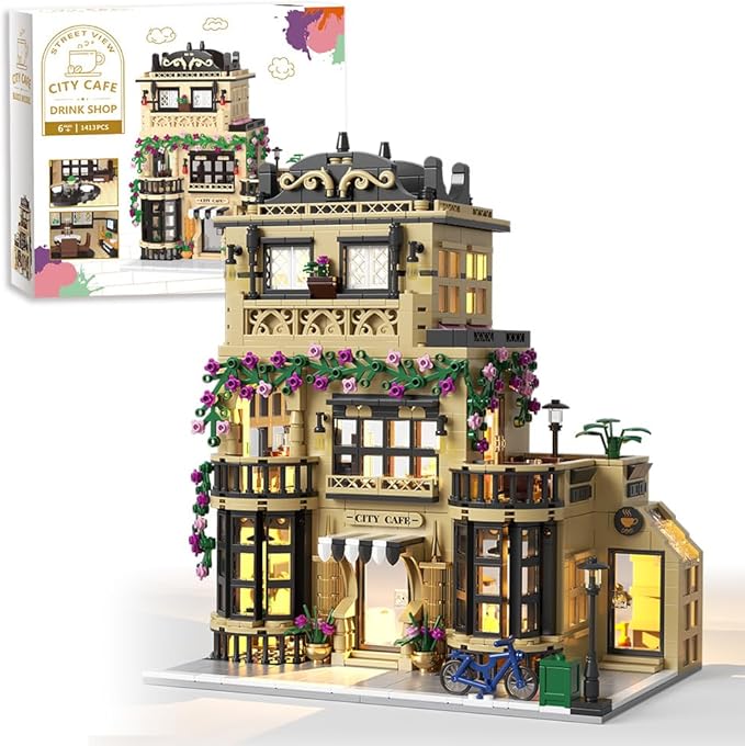 City Cafe Building Block Set, Coffee Shop City Street House Construction Toy for Adult & Teens 14+,1413pcs Mini Bricks with LED (Not Compatible with Lego)