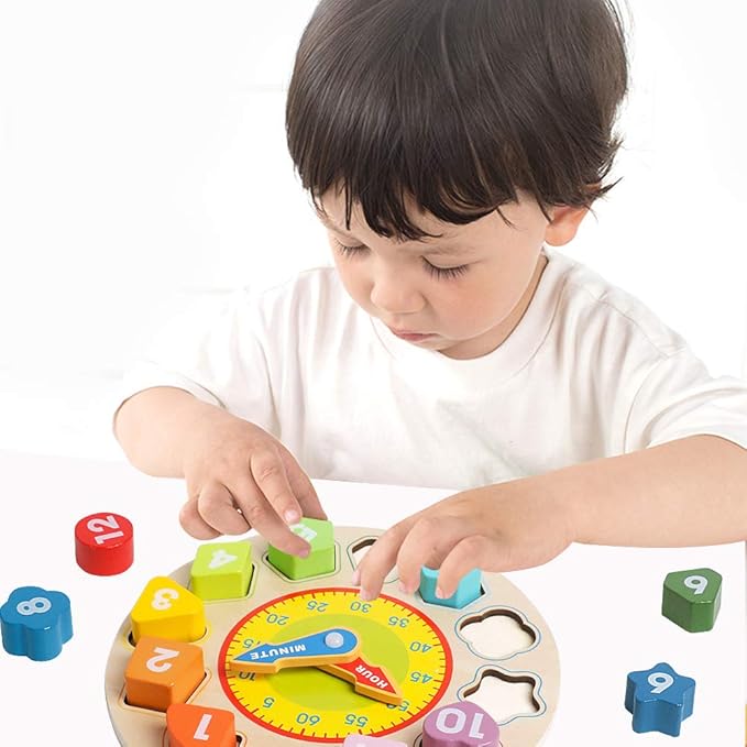 Skrtuan Wooden Shape Color Sorting Clock- Teaching Time Number Blocks Clock Shape Sorting Puzzle Montessori Early Learning Educational Toy Gift for 1 2 3 Year Old Toddler Baby Kids