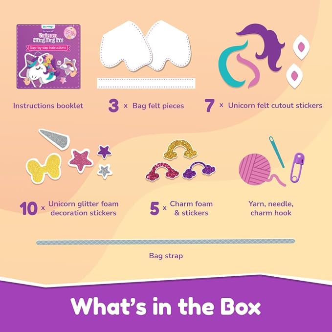 Bloomingo Art & Craft Kit - Unicorn Sling Bag: Fun Mess Free Arts & Craft Kit for Kids; Design Your Own Magical DIY Craft Bag; Birthday Gift for Girls & Boys of Multicolor