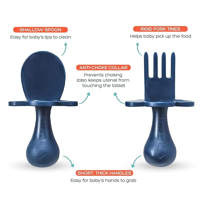 Grabease Baby Led Weaning Supplies - BPA-Free & Phthalate-Free Baby Spoons for Self Feeding - Toddler Fork & Spoon Set, Navy - Toddler Feeding Supplies - Training Forks for 1 Year Old
