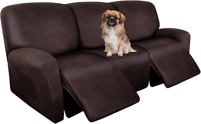 Recliner Couch Cover Leather Look Recliner Sofa Covers for 3 Cushion Reclining Sofa Slipcovers 8-Pieces Furniture Protector Spandex Fabric Washable (3 Seater, 01 Chocolate)