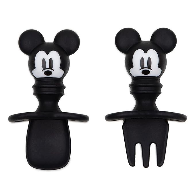 Bumkins Disney Baby Utensils Set, Chewtensils Silicone Spoons for Dipping, Self-Feeding, Baby Led Weaning, Trainer Learning, First Stage Eating, Soft Fork and Spoon, Babies 6 Months, Mickey Mouse