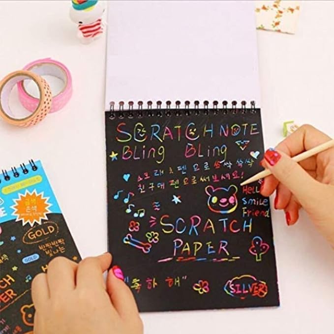 Kidivo Small Size Kid's Rainbow Scratch Book Magic Doodle Scratch Art Activity 2 Notebooks Or Note Pad of 8 Pages with One Stick for Arts and Crafts Kids (Small Size) Pack of 2 Multicolor