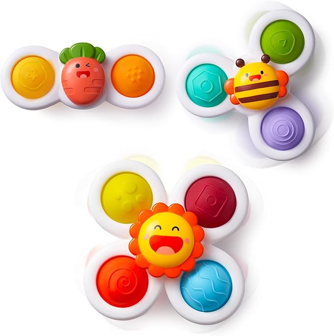 LiKee Strong Suction Cup Fidget Spinnerz Sensory Bath Toys for Baby 12 18 Months Airplane Car Travel Table & Window Toys for 1 2 Year Old Toddler Boys and Girls (Sun)