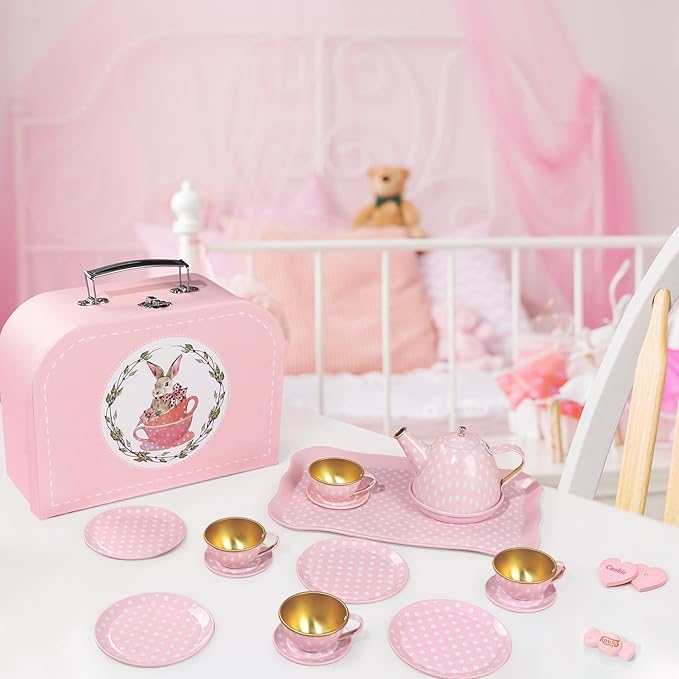 Tea Party Set for Little Girls, Princess Tea Time Toys Including Tin Teapot Set Cups Carrying Case, Toddlers Pretend Role Play Kids Kitchen Toys Birthday Gifts Age 3 4 5 6