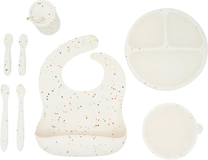 WeeSprout Baby Led Weaning Bundle, Silicone Suction Bowl, Spoons, Bib & Cup, Develops Self Feeding Skills, Dishwasher Safe (Confetti)