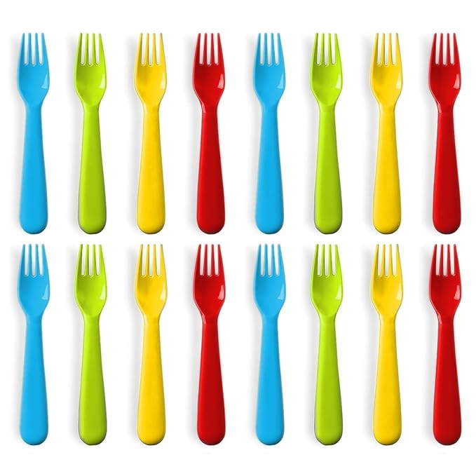 Plastic Toddler Forks - Set of 16 BPA Free/Dishwasher Safe Kids Utensils Brightly Colored Flatware Great for Kids