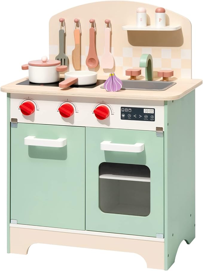 ROBOTIME Wooden Play Kitchen for Kids, Realistic Toddler Kitchen Set, Wood Chef Pretend Kids Kitchen Playset, Toy Kitchen for Kids Boys Girls Ages 3 to 8 (Green)