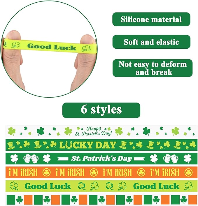 NEBURORA 24 Pcs St. Patrick's Day Silicone Bracelets Green Lucky Shamrock Rubber Wristbands for St Patricks Day Accessories Party Decoration Favors