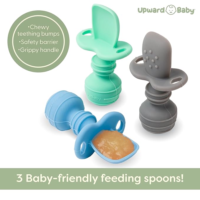 UpwardBaby 3 Pack Silicone Baby Feeding Spoons with Anti Choke Barrier - Baby Spoons Self Feeding 6 Months, First Stage Infant Supplies, Toddler Utensils, Baby Led Weaning Soft-Tip Training Spoons