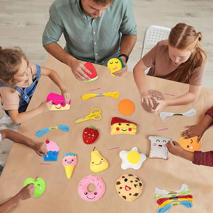ZOIIWA 16 Sets Food Themed Sewing Kit for Kids Valentine's Day Fun Craft for Boy Girl Felt Plush Craft Kit Sewing Kit Learn to Sew Kit Educational Beginners Sewing Stuffed Ornament for Classroom Gift