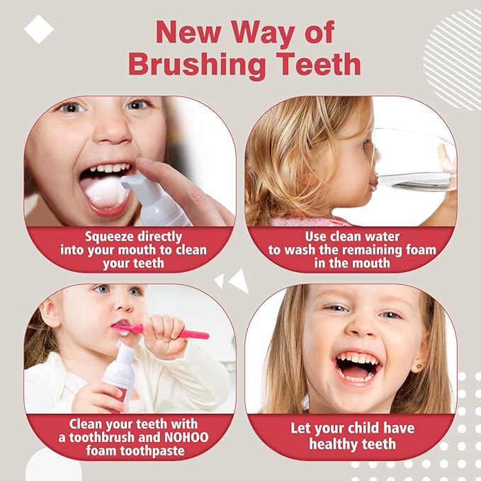 NOHOO Kids Foam Toothpaste with Fruit Flavor,Fluoride Free Natural Formul, Foam Toothpaste for Electric Toothbrush,Suitable for Toddler's Oral Cleaning and Cavity Prevention (2PCS Strawberry)