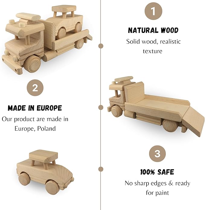 Wooden Towing Truck Toy with Wooden Car - Tow Truck - Sturdy Toy Vehicle for Toddlers - DIY Toys - Semi Trailer Truck Prepared for Paint - Wooden Trucks