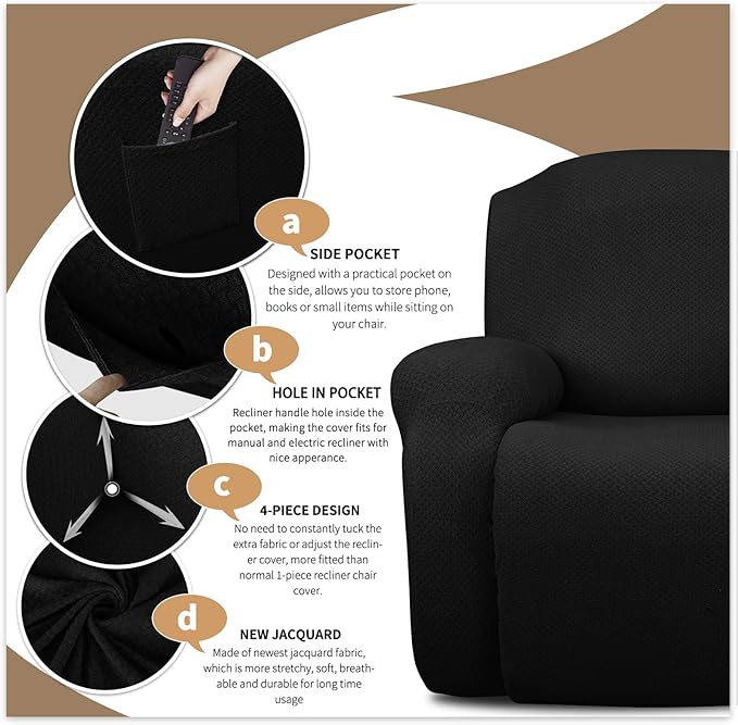 JIVINER 6-Piece Loveseat Recliner Slipcover Stretch Jacquard Recliner Sofa Cover 2 Seater Washable Reclining Couch Cover with Pocket Fitted Furniture Protector Cover (Loveseat Recliner, Black)