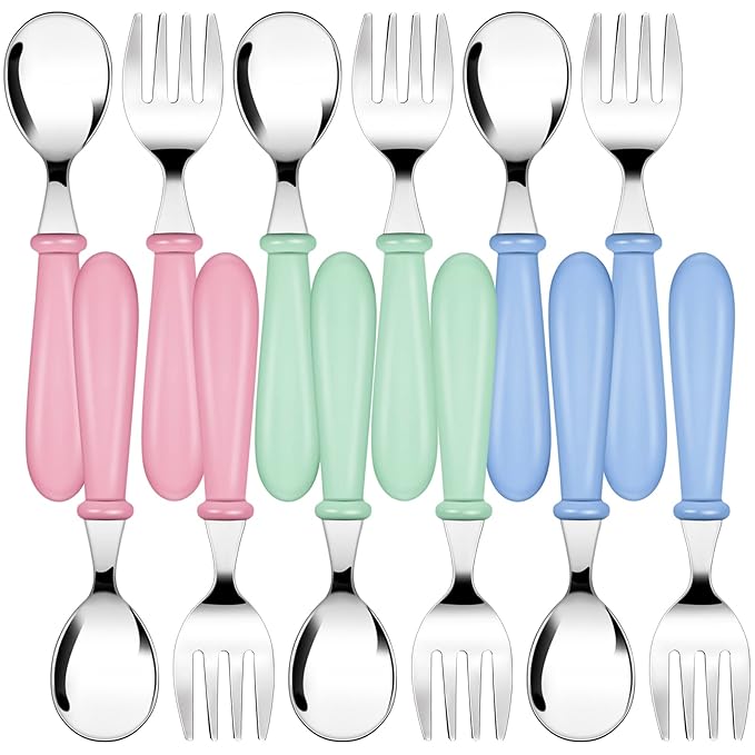 Honeydak 12 Pieces Toddler Utensils Kids Fork and Spoon Silverware Set colored Stainless Steel Safe Flatware Round Handle Utensils Baby Cutlery metal Children Home Restaurant Kitchen Dishwasher Safe