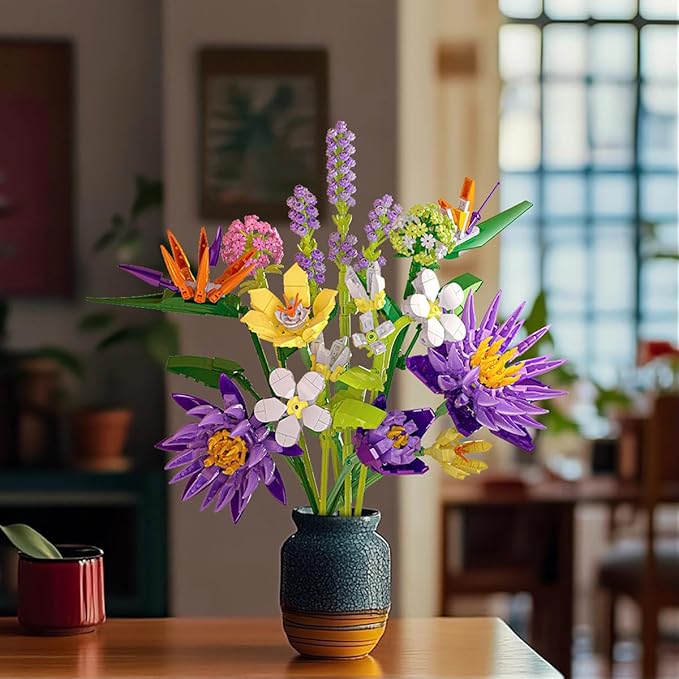 BIGEARN Flower Building Toy Set for Adults, 891 PCS Bouquet Building Set with 13 Unique Stems for Home Decor, Ideal Gift for Any Occasion