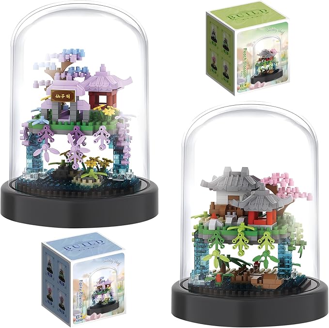 Cherry Blossom Tree House Building Block Sets with Acrylic Display Box Chinese Architecture of Peach Blossom Bonsai Treehouse Micro Mini Building Set Toy Gift for Kids Adults（2 Boxes）
