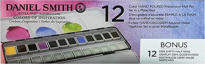 Daniel Smith 285650103 Extra Fine Inspirational Solid Watercolor Paint Set of 12 Half Pans, Metal Case and 12 Empty Containers
