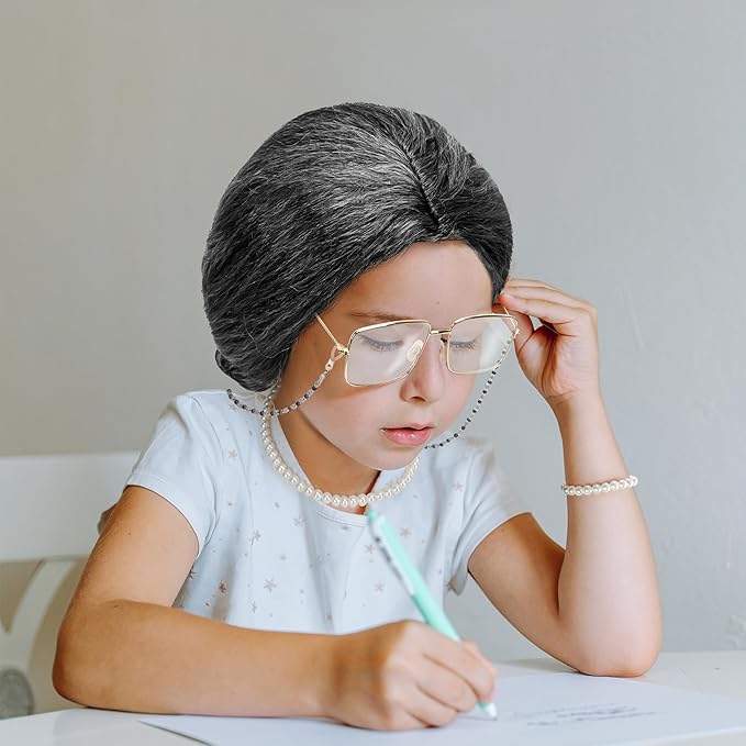 Old Lady Costume for Kids Women, 100 Days of School Black White Bun Wig Glasses Wig Cap Pearl Necklace Bracelet Accessories