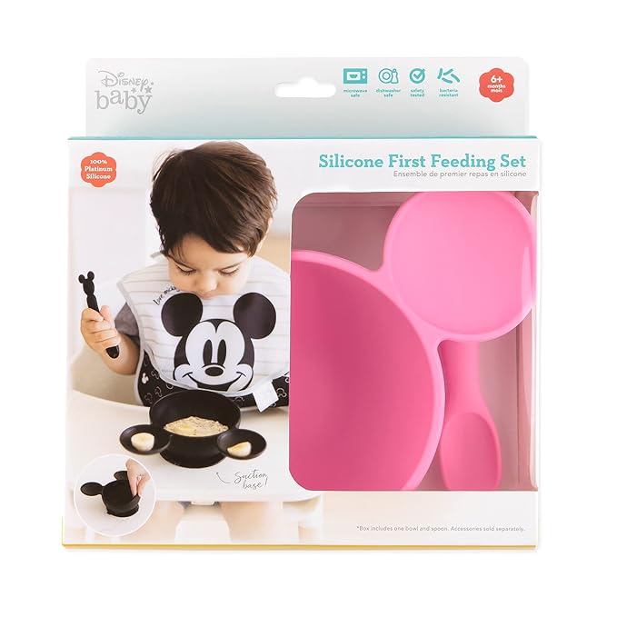 Bumkins Baby Bowls, Disney Minnie Mouse Silicone Baby Feeding Set, Suction Bowls for Baby and Toddler with Spoon, First Feeding Set, Platinum Silicone Bowl for Babies 4 Months