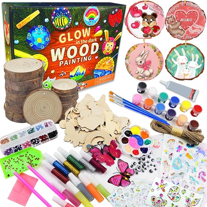 Quimoy 24 Pcs Wooden Painting Kit-Glow in The Dark, Valentines Day Gifts for Kids Classroom, Ornament Making Kit for Kids, Painting Kits for Kids Ages 4-8, Valentines Party Exchange Gifts for Boy Girl