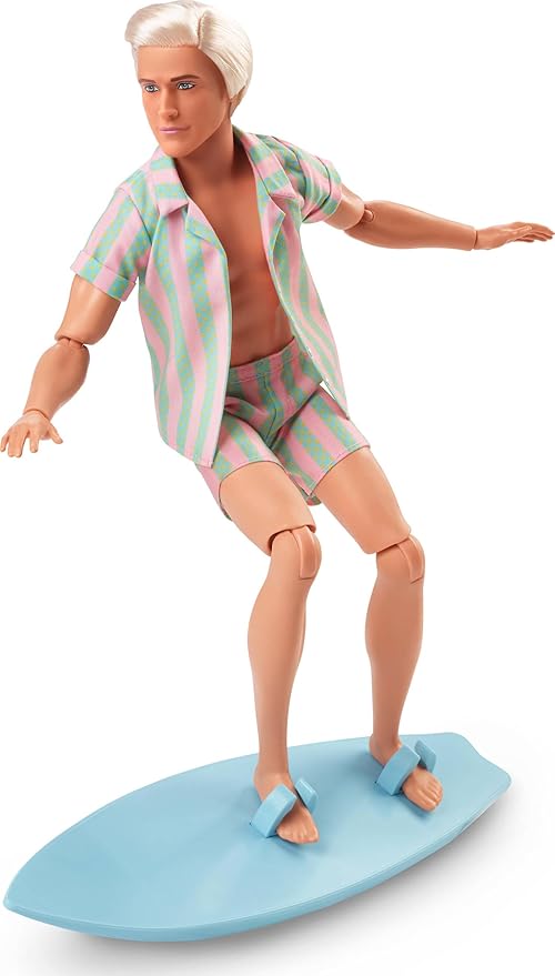 Barbie The Movie Ken Doll Wearing Pastel Pink and Green Striped Beach Matching Set with Surfboard and White Sneakers