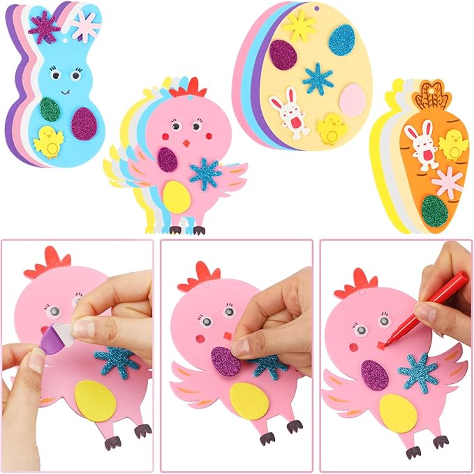 JULBEAR Easter Foam Crafts for Kids, 260 Pcs Foam Easter Foam Stickers Egg Rabbit Carrot Chick Arts and Crafts Kits, DIY Stickers Set for Kids Party Favors Supplies