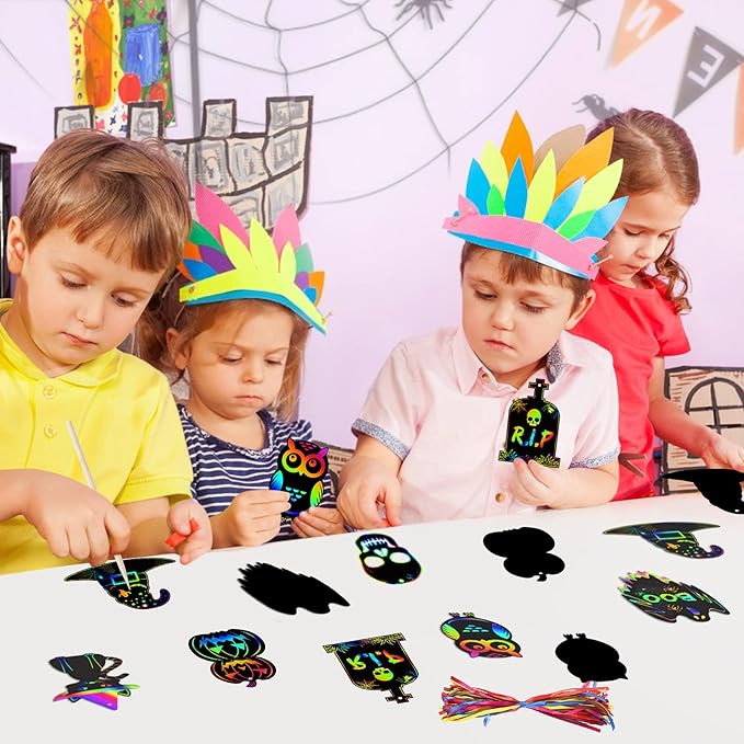 48PCS Halloween Craft Kit for Kids - Magic Scratch Off Cards Paper Hanging Halloween Ornaments Set with 24pcs Wooden Stylus 48pcs Cords for Halloween Party Favor, Art Craft Supplies