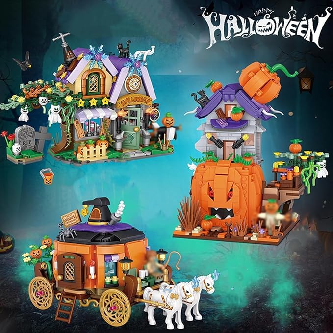 Street View Halloween Pumpkin House Bricks Model Set, 762Pcs DIY Building Block Assembly Mini Particle Construction Toy