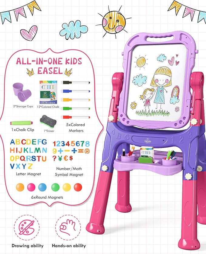Lehoo Castle Easel for Kids, 4 in 1 Double Sided Kids Art Easel with Magnetic White Board & Chalk Board, Adjustable Standing Toddler Easel with Drawing & Writing Accessories - Gift for Boys and Girls