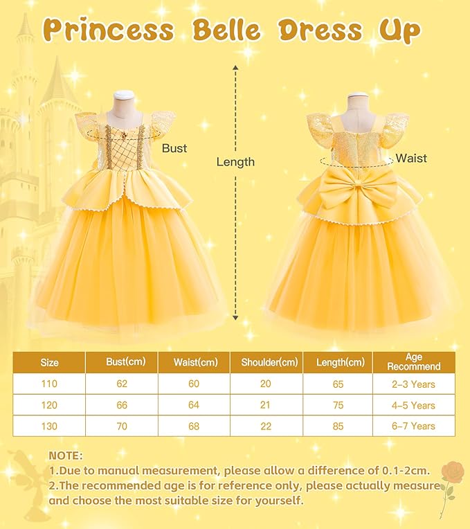 Princess Dress Up Clothes for Little Girls, Belle Costume Dress with Accessories for Birthday Party Cosplay Halloween