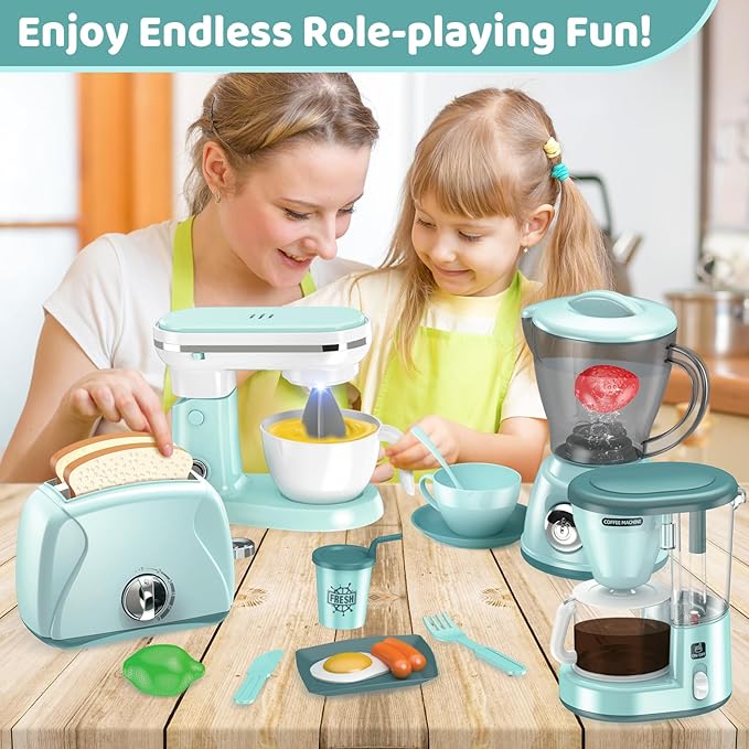 Shemira Play Kitchen Accessories, Pretend Play Kitchen Appliances Toy Set with Coffee Maker, Blender, Mixer, Toaster, Toys for 3 4 5 6 7 8 Year Old, Birthday Gifts for Kids Age 3-5 4-6 6-8 Girls
