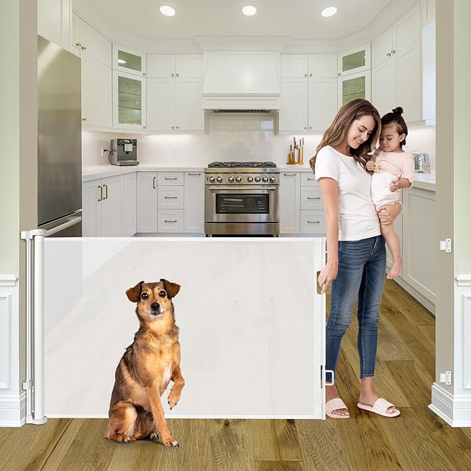 56 Inch Retractable Baby Gates for Doorways Retractable Dog Gate for Stairs Outdoor Retractable Gate Mesh Baby Gate Retractable Gates for Dogs Indoor Large Baby Gate Child Gates for Doorways, White