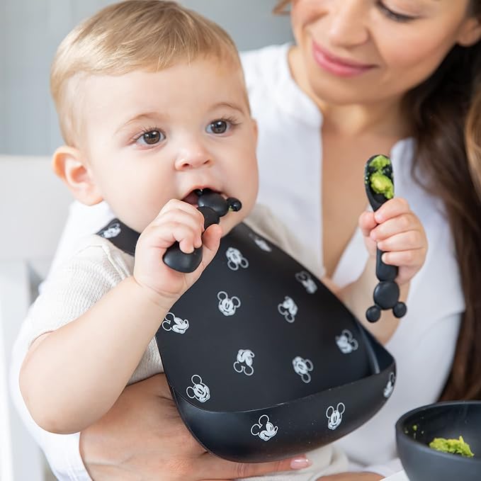 Bumkins Disney Baby Utensil Set, Silicone Trainer Spoons for Dipping, Soft Tip, Self-Feeding, Chew, Baby Led Weaning, Training Supplies, Essentials First Eating, 4 Mos, 2-pk Mickey Mouse Black