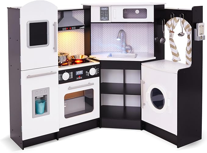 Lil' Jumbl Kids Corner Kitchen Set, Pretend Wooden Deluxe Play Kitchen, Battery Operated Icemaker, Stovetop & Faucet with Realistic Sound - Black