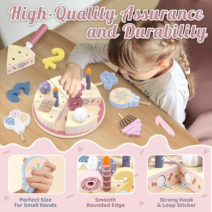 Wooden Birthday Party Cake Play Food Sets for Kids Kitchen Accessories Pretend Toy Fake Toddlers Party Gift Boys Girls Educational Toys