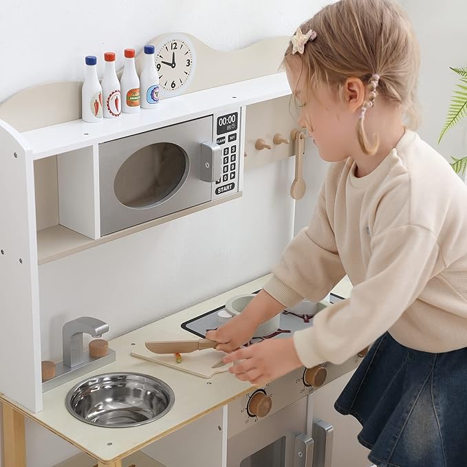 Wooden Play Kitchen, Kids Toy Kitchen Cooking Set, Kids Play Kitchen Pretend Play Set, Pretend Kitchen Playset for Toddlers Boys and Girls